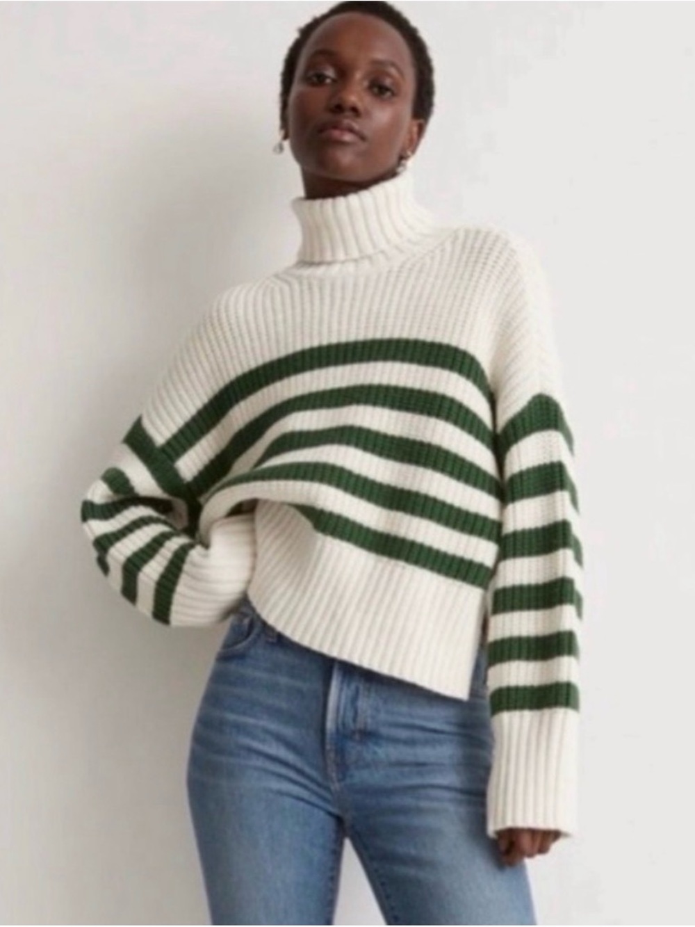 Madewell Cream & Green Striped Turtleneck Sweater